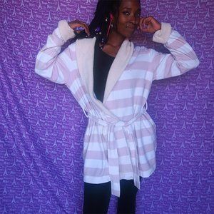 Victorias Secret horizontal striped bath robe in white, light pink and off white